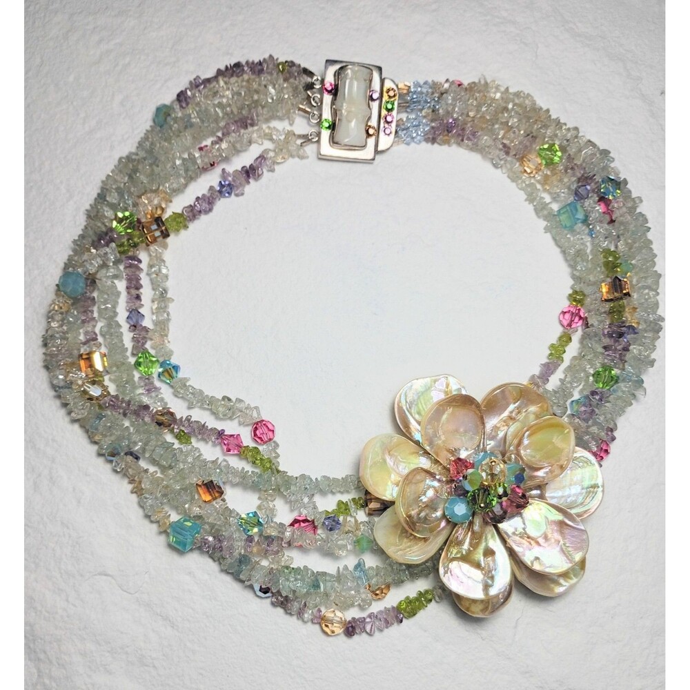 Sterling Silver Peridot Amethyst Mother of Pearl MultiStrand Statement Necklace